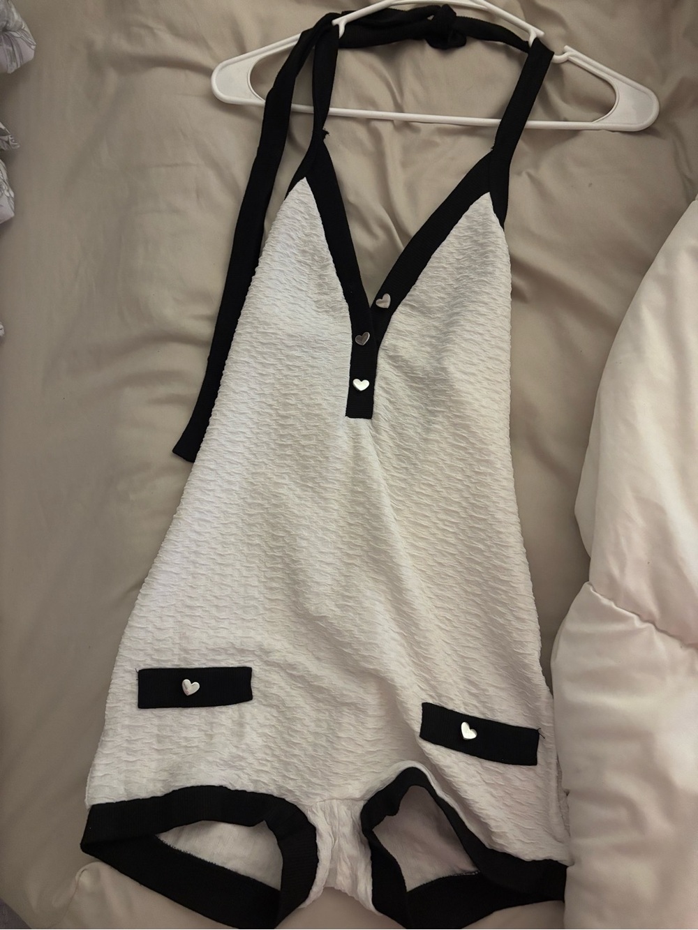 White & Black Halter Romper with Heart Buttons
